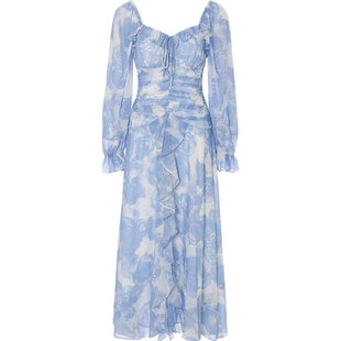 从那以后蓝色碎花收腰连衣裙仙女风长袖裙子度假荷叶边长裙女春季