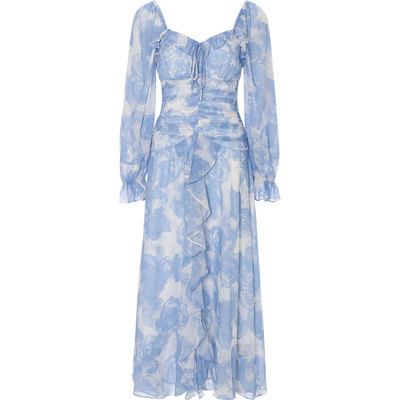 从那以后蓝色碎花荷叶边连衣长裙