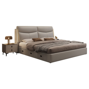 政府补贴蓝色理想笑脸带灯真皮床主卧高端大气平移气压储物双人床