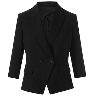 LANCY/朗姿2025年秋新款气质通勤三醋酸黑色七分袖短款西装外套女