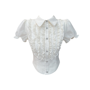 Lazy Didi伦敦旧梦 层叠花边初恋白衬衣泡泡袖娃娃领短袖衬衫上衣