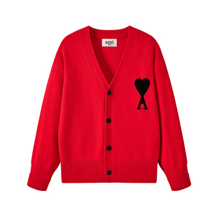 Ami iepo官方红色开衫针织毛衣男女秋冬季慵懒风时尚百搭情侣外套