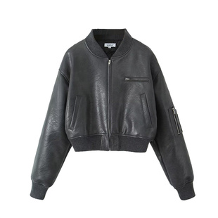 美式夹棉皮质外套女秋冬辣妹风复古做旧水洗短款皮夹克设计感皮衣