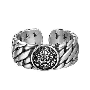 重工s925银黄财神戒指纯银男士三马鞭复古食指新款开口编织指环