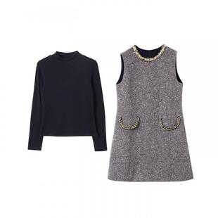 宝诗黎两件套打底钉钻连衣裙2026春季气质韩系老钱风简约背心裙