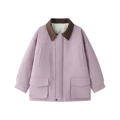 虾酱麻麻粉紫翻领棉服