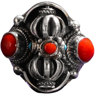 大藏禅饰尼泊尔925银镶嵌绿松石戒指男女复古藏饰活口民族风戒指