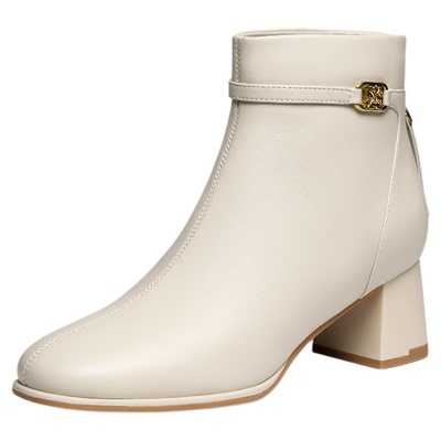 红蜻蜓白色粗跟羊皮高跟妈妈靴