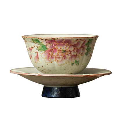 牡丹花茶杯杯垫套装陶瓷中式复古