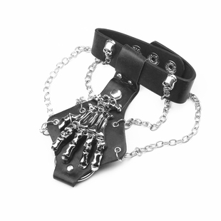 黑色新创意霸气合金骷髅十字朋克连手指手链男女PU皮饰品夸张手镯