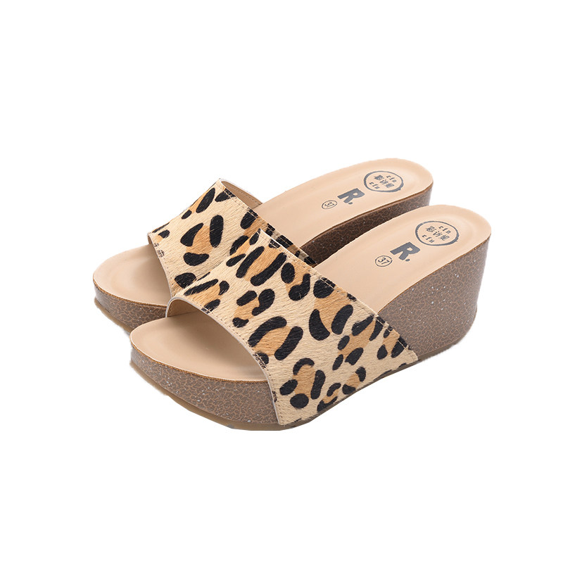 真皮厚底坡跟舒适豹纹松糕高跟粗跟时尚外穿马毛 一字拖女鱼嘴鞋