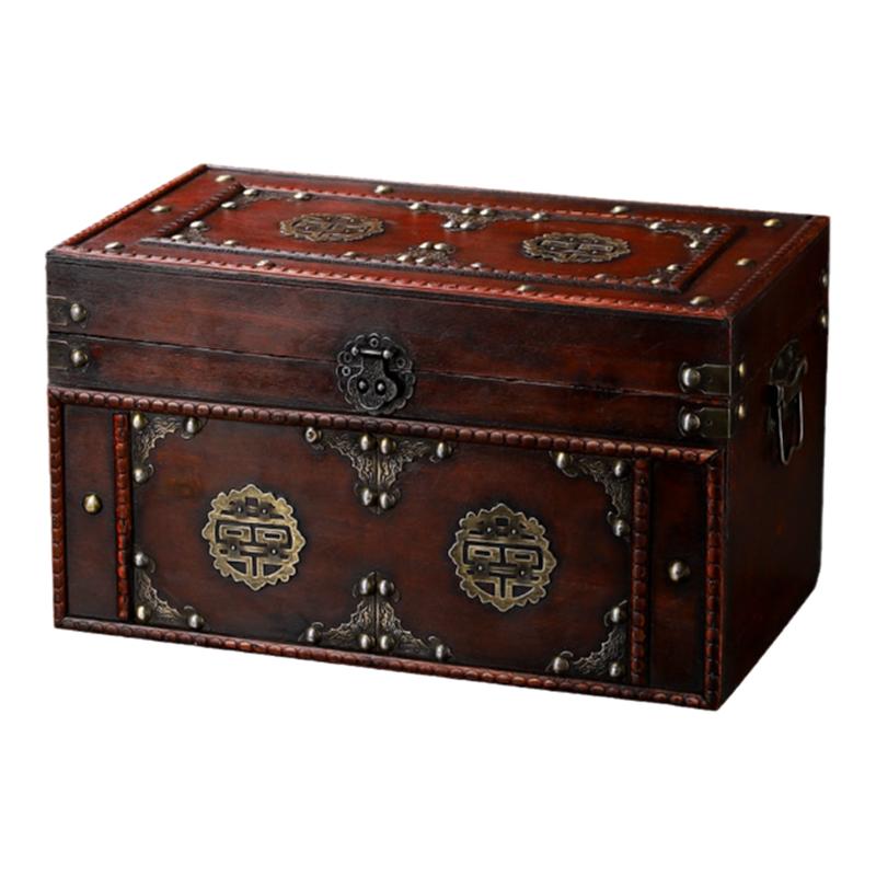 中式复古礼箱喜字收纳箱做旧木箱带锁家用大容量储物箱老式收纳盒