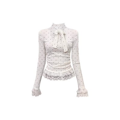 蝴蝶结蕾丝花边波点半高领打底衫