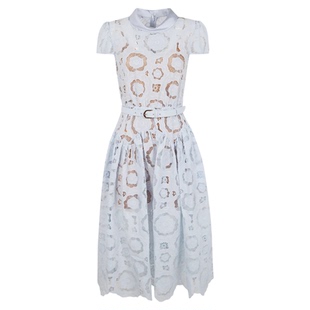 蓝色镂空刺绣浪漫优雅南法度假风连衣裙漂亮流行大裙摆修身长裙子