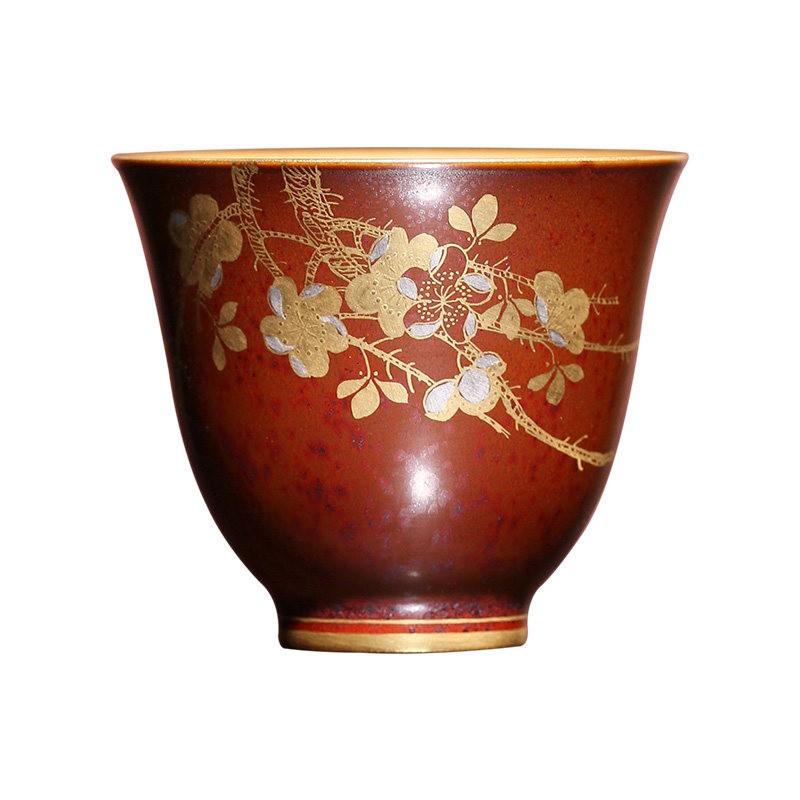 正品铁锈红手绘风金银彩兰花茶杯
