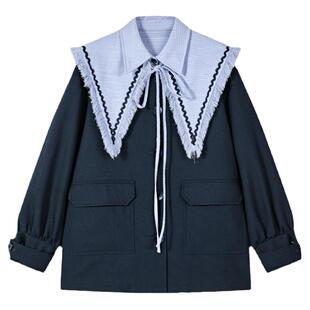 花妖原创小众秋季复古法式可拆卸海军领风衣外套少女藏青色大衣