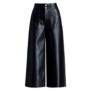 加绒阔腿裤女油腊光泽PU皮裤女高腰显瘦九分裤后松紧筒裤秋冬靴裤