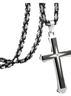 潮男镶钻星十字架吊坠配拜占庭链