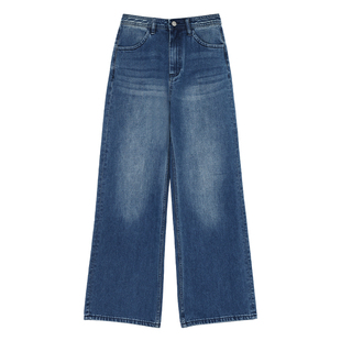 pusumede 城市漫步 复古蓝色低腰直筒牛仔裤女宽松阔腿拖地长裤