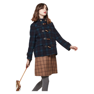 MP大不列颠英伦经典苏格兰墨绿格牛角扣学院风连帽短款大衣外套