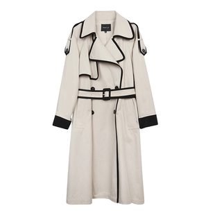 NEELLY纳俪撞色大翻领双排扣风衣女中长款收腰大衣通勤百搭外套