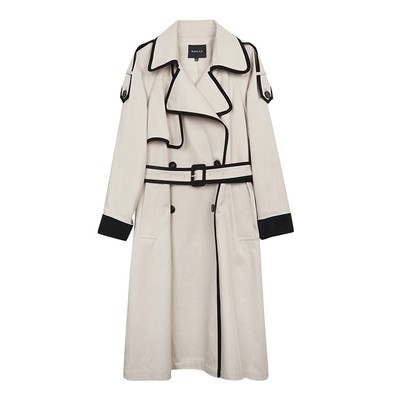 NEELLY纳俪撞色大翻领双排扣风衣女中长款收腰大衣通勤百搭外套