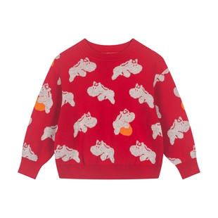 【商场同款】马拉丁儿童毛衣26新年款男童马豆豆提花红色圆领毛衣