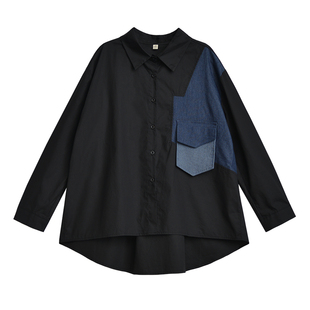 拼接口袋黑色长袖衬衫日系山本风暗黑系女装春秋外穿显瘦衬衣上衣