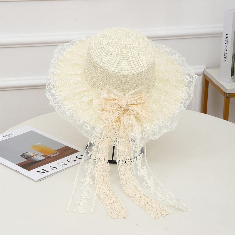 户外出游平顶蕾丝蝴蝶结草帽女法式帽海边夏季沙滩复古遮阳帽度假
