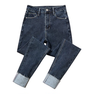 高腰小脚牛仔裤女2025新款秋冬小个子蓝灰色修身紧身加绒铅笔裤子