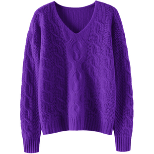 好显气质哇~V领绞花100%纯山羊绒衫女士宽松慵懒风纯羊绒毛衣秋冬