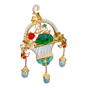 衣锦媚行原创设计s925银镀金翡翠牡丹花篮胸针吊坠复古胸饰新中式