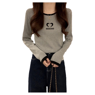 撞色正肩长袖t恤女短款打底衫