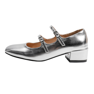 真皮~骄屿银色玛丽珍鞋配裙子百搭单鞋芭蕾少女双排扣粗跟高跟鞋
