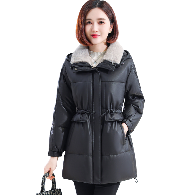 正品水貂毛领真皮羽绒服女中长款
