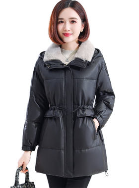 正品水貂毛领真皮羽绒服女中长款