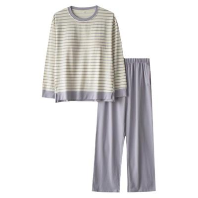 女纯棉带胸垫条纹春秋长袖睡衣