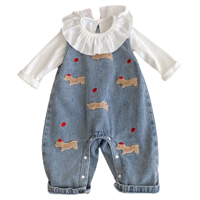 女童套装春秋季牛仔背带裤两件套可爱一岁宝宝春装独特漂亮小套装