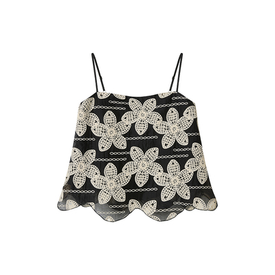 Uena黑色撞色花朵刺绣背心吊带