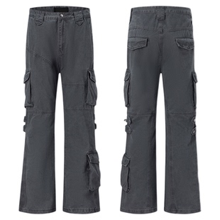 布老哥Blog美式复古水洗不规则拼接工装裤提裆显高微喇休闲裤K752