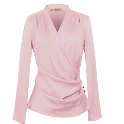 新款简约v领多褶名媛真丝衬衫