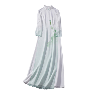 窈窕 春夏款手绘荷花雪纺奥黛旗袍改良年轻款少女修身长款连衣裙