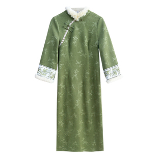 竹霜【自制款】冬季绿色显白加绒竹叶大码胖mm旗袍连衣裙新中式冬