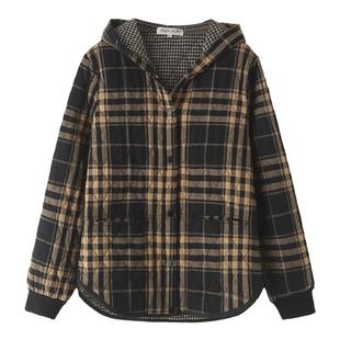 初冬夹棉外套女大码2023新款胖mm200斤宽松休闲连帽格子薄款棉衣