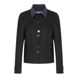 范洛Fano 独特异型扣可拆卸衬衫领假两件拼格小香短外套女上衣春