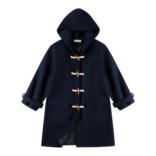 【揽月岛JK】学院风校供牛角扣大衣女藏青色秋冬季日系毛呢外套