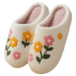 居家可爱三色花朵冬季棉拖鞋女家用保暖室内拖鞋