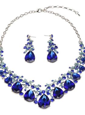 欧美时尚气质百搭宝石项链耳环套装女新娘舞会礼服配饰品网红装饰