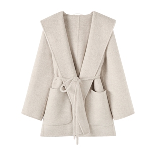 Basic House/百家好高级感绵羊毛双面毛呢外套冬季新款连帽大衣女