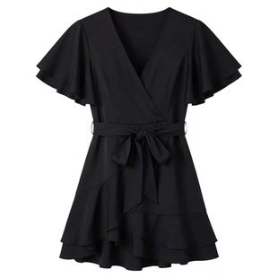 Ruffled V-Neck Belt Wrap Dress荷叶边V领腰带裹身A字连衣裙女士